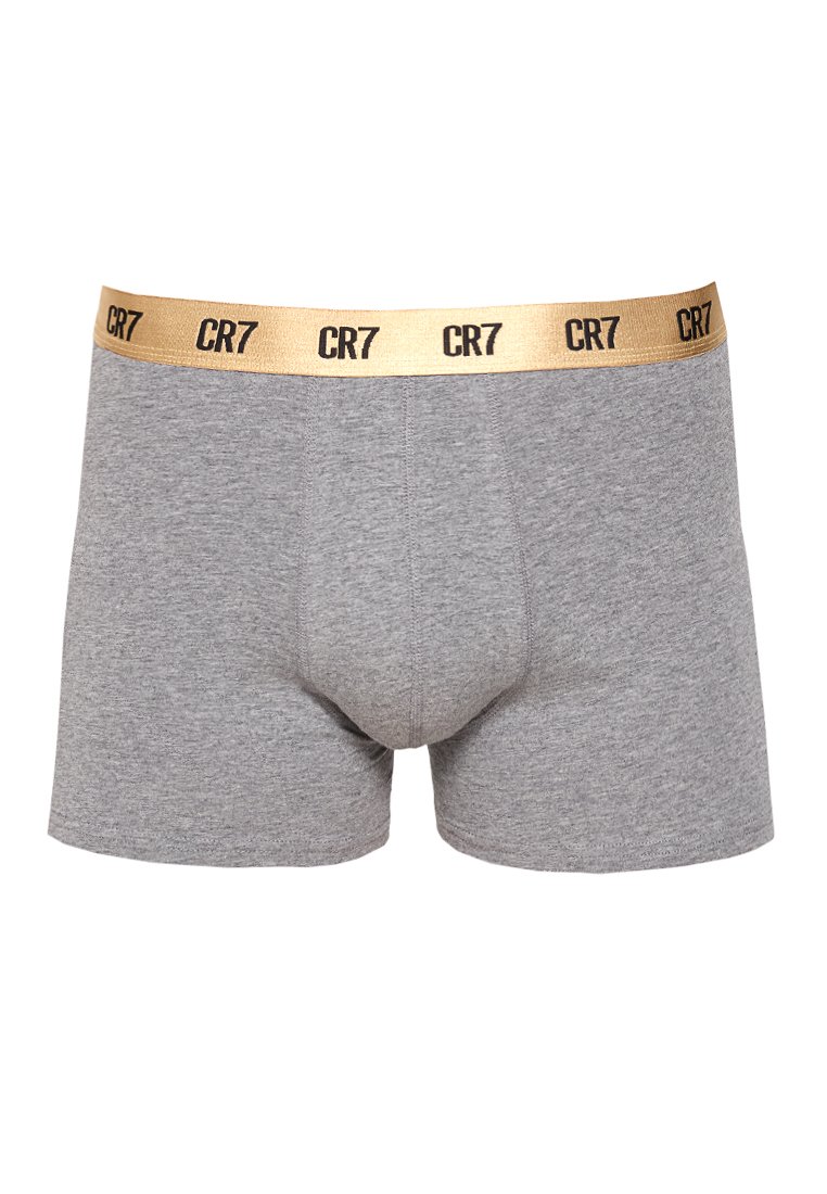 Graue Baumwollboxershorts mit taillierter Passform, ausgestattet mit einem goldenen elastischen Bund mit schwarzem "CR7"-Branding. Weicher Stoff, minimale Nähte.