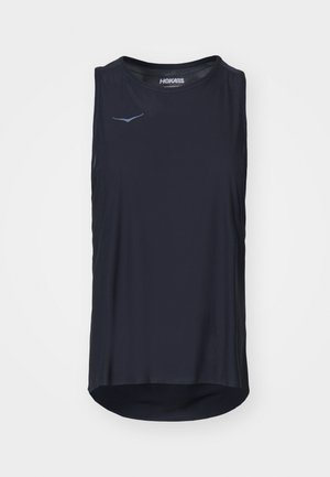Navy athletic tank top with a rounded hem, made of lightweight, breathable fabric; features a reflective logo on the chest.