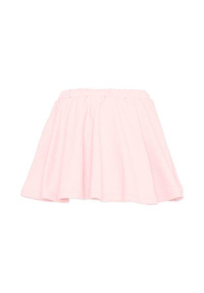 Jupe rose clair froncée avec taille élastique, en tissu doux, présentée à plat sur un fond blanc.