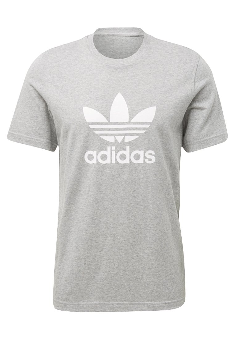 Šedé bavlněné tričko s kulatým výstřihem. Obsahuje velké bílé logo Adidas a tři horizontální pruhy pod logem. Krátké rukávy.