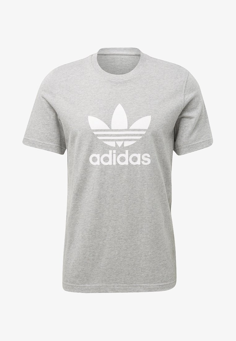 Šedé bavlněné tričko s kulatým výstřihem. Obsahuje velké bílé logo Adidas a tři horizontální pruhy pod logem. Krátké rukávy.