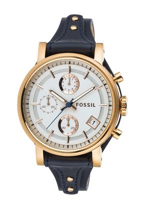 Gold-case Fossil chronograph watch with white dial, three subdials, date window, and black leather strap with gold studs.