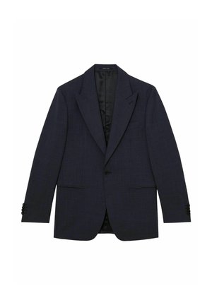 Jednoručný tmavomodrý blejzer s výrezmi pri golieri, dvoma prednými vreckami a zapínaním na gombíky na manžetách, položený na bielom pozadí.