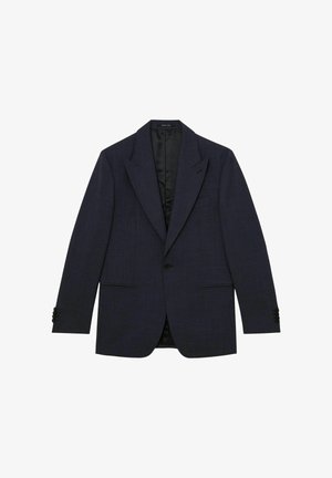 Jednoručný tmavomodrý blejzer s výrezmi pri golieri, dvoma prednými vreckami a zapínaním na gombíky na manžetách, položený na bielom pozadí.