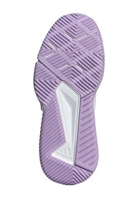 Purple rubber shoe sole with textured herringbone pattern, white accent, and logo detail; designed for traction and flexibility.