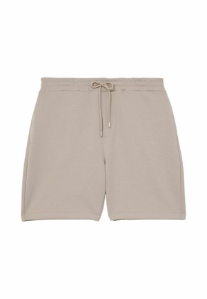 Béžové pohodlné šortky s elastickým pásom a šnúrkou, dĺžka po kolená, z mäkkej látky, navrhnuté pre pohodlie.