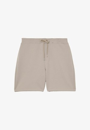 Béžové pohodlné šortky s elastickým pásom a šnúrkou, dĺžka po kolená, z mäkkej látky, navrhnuté pre pohodlie.