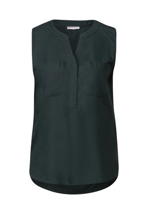 Blusa senza maniche verde scuro con colletto a scollo a V, due tasche sul petto e orlo curvo. Tessuto liscio con una leggera lucentezza.