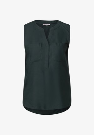 Donkergroene mouwloze blouse met een notch-kraag, twee borstzakken en een gebogen zoom. Gladde stof met een subtiele glans.