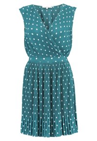 Teal pleated dress with a wrap design, featuring white polka dots and a fabric belt. Soft texture, sleeveless, and knee-length.