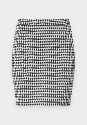 Black and white houndstooth skirt with a fitted silhouette, smooth texture, and a solid waistband. No visible hardware or accents.