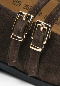 Brązowe zamszowe buty z dwoma złotymi klamrami, płaską podeszwą oraz teksturowaną powierzchnią z detalami w postaci przeszyć.