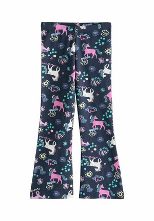 Navy ausgestellte Leggings mit einem verspielten Muster aus Einhörnern, Blumen und Regenbögen in Pink, Weiß und Türkis. Aus weichem, elastischem Stoff.