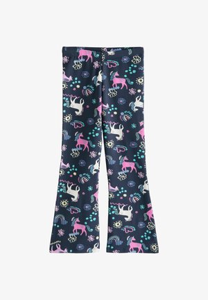 Tengerészen flared leggings, melyek vidám egyedi mintázattal rendelkeznek: unikornisok, virágok és szivárványok pink, fehér és türkiz színekben. Puha, rugalmas anyag.
