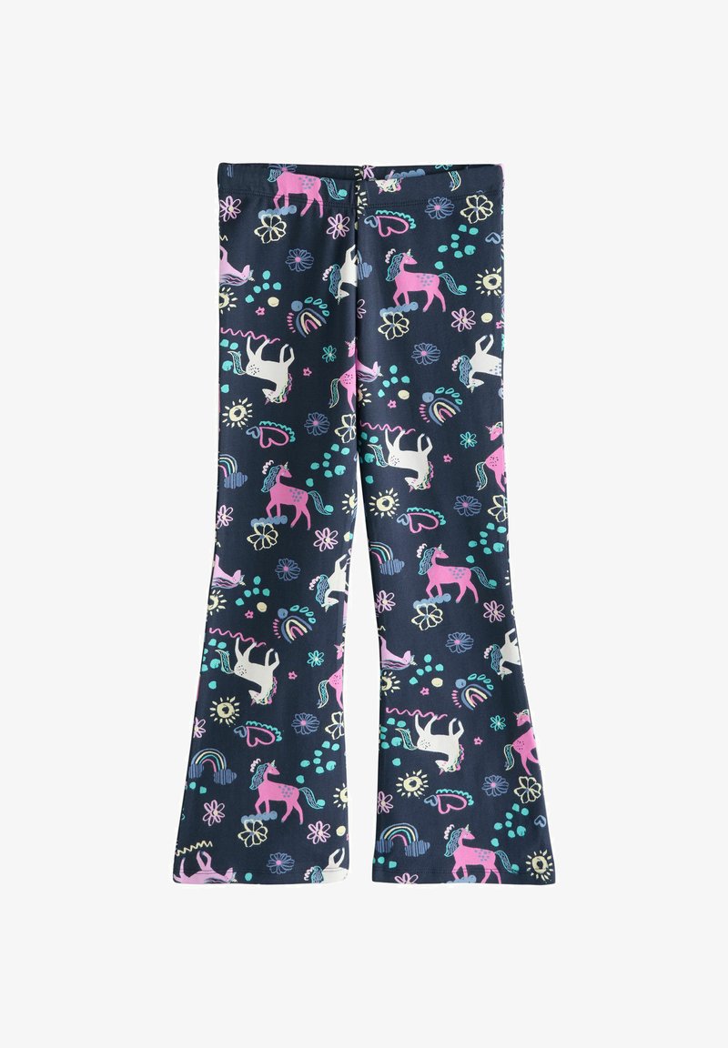 Navy ausgestellte Leggings mit einem verspielten Muster aus Einhörnern, Blumen und Regenbögen in Pink, Weiß und Türkis. Aus weichem, elastischem Stoff.