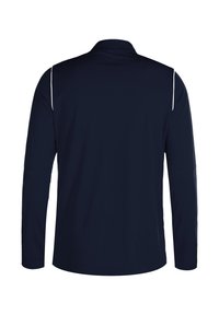 Marineblaue Langarm-Polohemd mit weicher Textur, gerade geschnittenem Saum und kontrastierender weißer Akzentuierung an der Schulternaht.