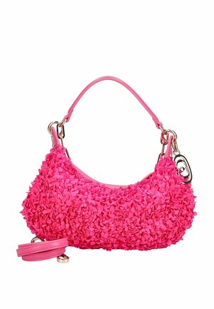 Borsa rosa in tessuto floreale testurizzato, con manico corto, tracolla staccabile e dettagli in metallo color argento.