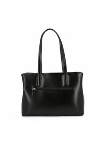 Bolso tote de piel negra con dos asas largas. Presenta un bolsillo con cremallera en la parte frontal. Textura suave y diseño estructurado.