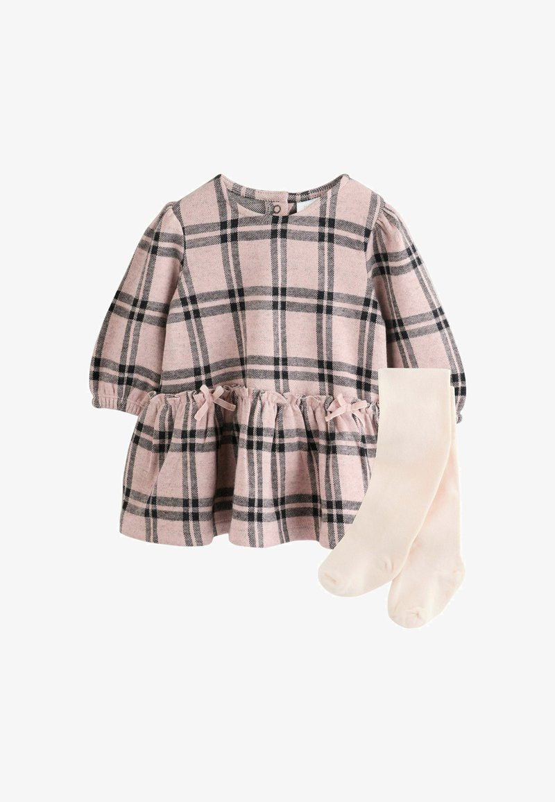 Pink and black plaid long-sleeve toddler dress with gathered waist and small bows, paired with light cream-colored tights.