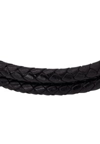 Black braided leather belt, featuring a textured surface with a diamond pattern. Soft finish and flat design, suitable for various outfits.