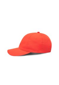 Bright orange baseball cap made of fabric with a flat brim, curved peak, six-panel design, and ventilation holes for breathability.