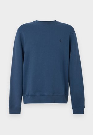 Marineblaue Sweatshirt aus Baumwollmischung, Rundhalsausschnitt, lange Ärmel mit gerippten Bündchen, dezentes Logodetail auf der linken Brust, glatte Textur.
