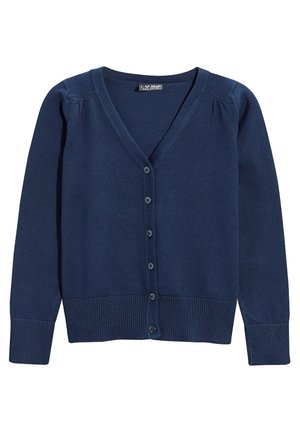 Cardigan bleu marine à manches longues avec col en V, poignets et ourlet côtelés, et six boutons sur le devant.