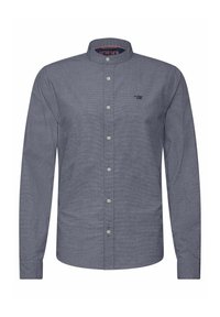 Camicia a maniche lunghe con bottoni in tessuto grigio scuro, dotata di colletto a banda, motivo testurizzato e logo sottile sul lato sinistro del petto.