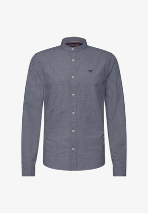 Langärmliges Hemd mit Knopfleiste aus dunkelgrauem Stoff, mit einem Stehkragen, strukturiertem Muster und dezentem Logo auf der linken Brust.