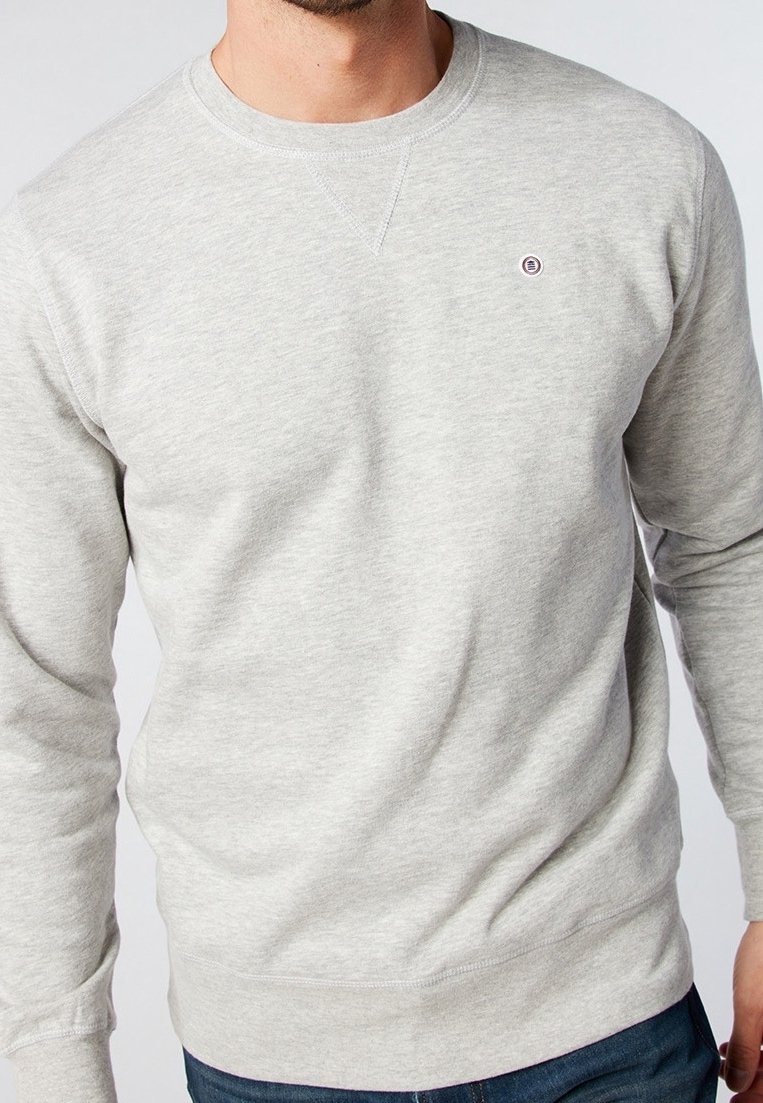 Sudadera gris claro de manga larga, con puños y dobladillo de canalé. Presenta un pequeño logotipo circular en el pecho y una tela suave y texturizada.