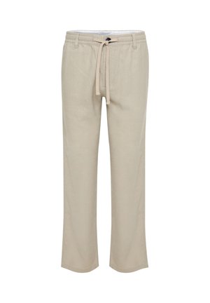 Beige casual broek met elastische tailleband, trekkoord, riemlussen en rechte pijpen.