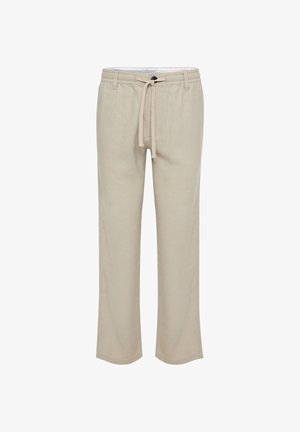 Pantalon beige décontracté avec taille élastique, cordon de serrage, passants de ceinture et jambes droites.