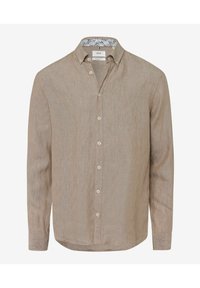 Camisa de lino marrón claro con cuello botón y un patrón en el interior del cuello, cierre frontal con botones. Mangas largas con puños.