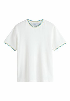 White short-sleeve t-shirt with blue and yellow striped trim on collar and sleeve edges.