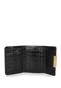 Black crocodile-embossed wallet with a metallic gold clasp, featuring multiple card slots and a textured interior, sleek rectangular design.