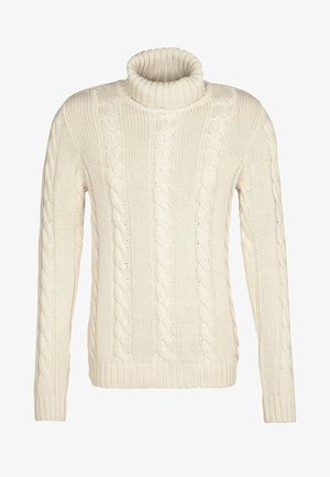 Pull à col roulé tricoté de couleur crème avec des motifs torsadés sur le devant, manches longues, poignets et ourlet côtelés.