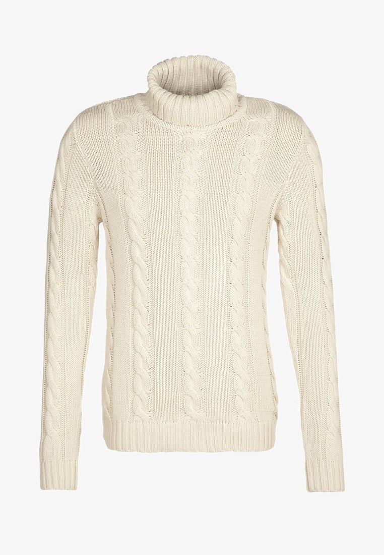 Pull à col roulé tricoté de couleur crème avec des motifs torsadés sur le devant, manches longues, poignets et ourlet côtelés.