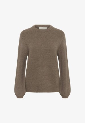 Pull en tricot marron avec un col rond, des manches longues et une coupe décontractée. Texture douce avec de coutures minimales et sans motifs visibles.