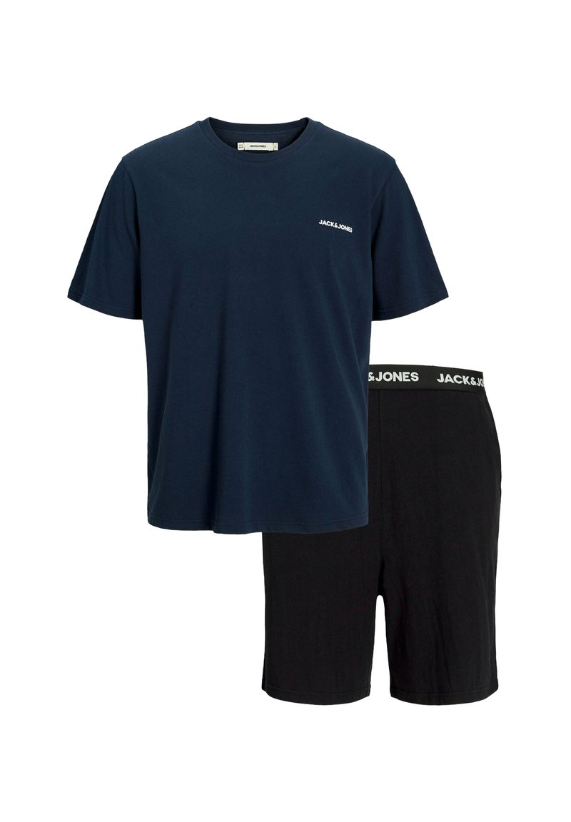 Marineblaustes Baumwoll-T-Shirt mit Rundhalsausschnitt und Logo, kombiniert mit schwarzen Baumwollshorts mit elastischem Bund und Logodetails.