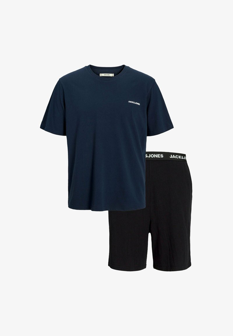 Marineblaustes Baumwoll-T-Shirt mit Rundhalsausschnitt und Logo, kombiniert mit schwarzen Baumwollshorts mit elastischem Bund und Logodetails.