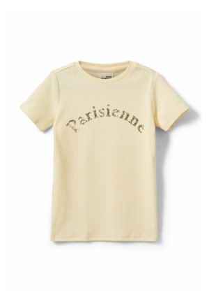 Cremefarvet, ribstrikket kortærmet skjorte med rund halsudskæring, med ordet "Parisienne" i palietter tværs over brystet.
