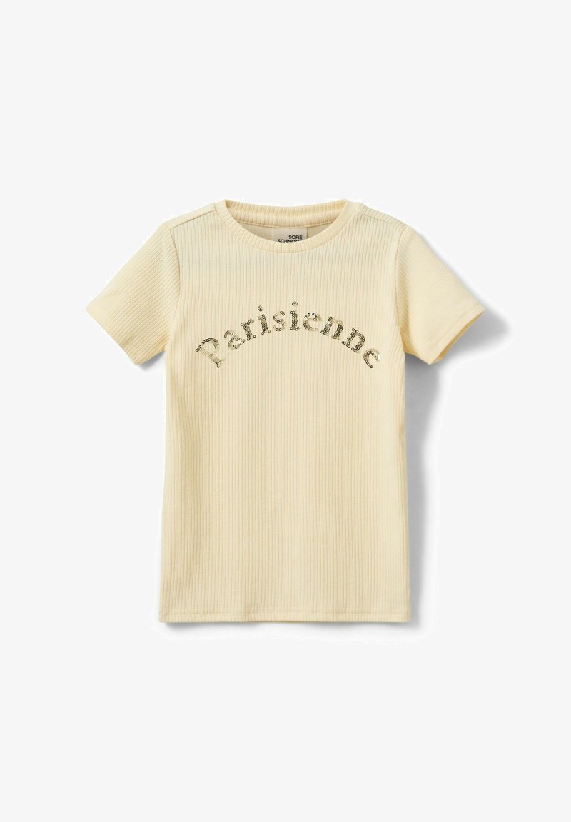 T-shirt court à manches courtes en jersey côtelé crème avec un col rond, arborant le mot "Parisienne" en sequins sur la poitrine.