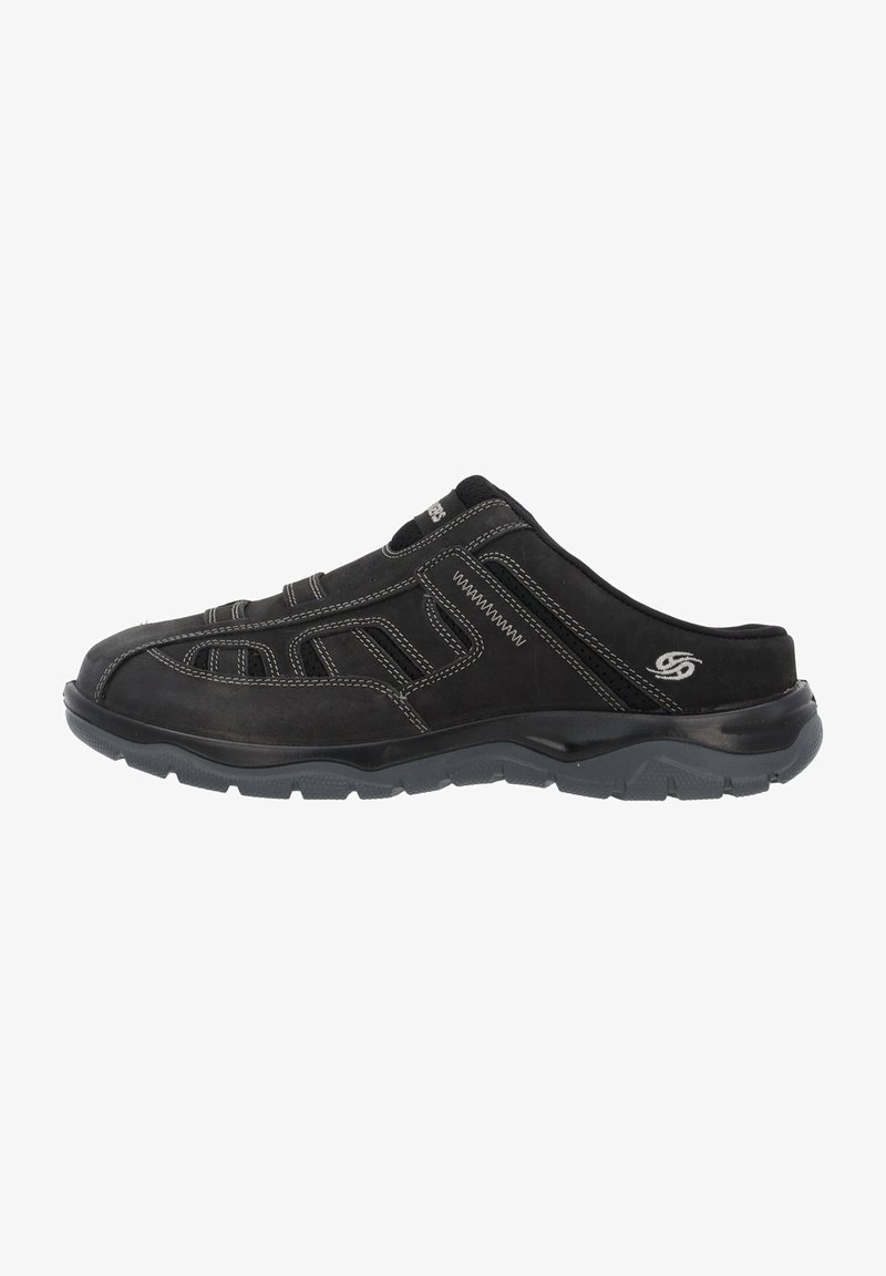 Chaussure noire à enfiler avec un dessus texturé, dotée de panneaux élastiques sur les côtés, de coutures contrastées et d'une semelle rembourrée pour le confort.