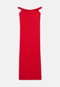 Abito aderente, con spalle scoperte, di un rosso brillante, realizzato in tessuto liscio. Lungo fino al pavimento con un design semplice, senza modelli visibili o hardware.