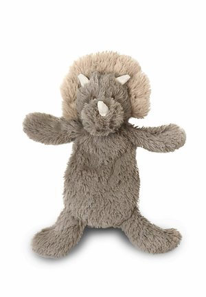 Jouet en peluche doux gris en forme de dinosaure tricératops avec une collerette ronde et de petites cornes blanches sur la tête et le museau.