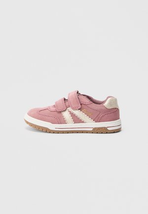 Pink suede children's shoes with a white zigzag design, velcro straps, and a beige back accent. Rubber sole with subtle branding detail.