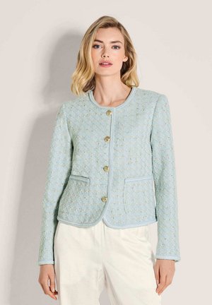 Hellblaue, strukturierte Jacke mit goldenen Sprenkeln, rundem Ausschnitt, durchgehender Knopfleiste und zwei Taschen. Mit tailliertem Schnitt und langen Ärmeln.