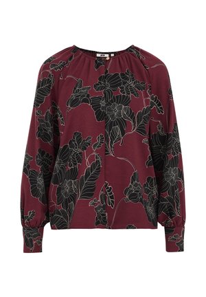 Blusa a maniche lunghe borgogna con motivo floreale nero, dotata di scollatura e polsini arricciati, realizzata in tessuto leggero.