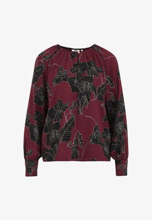 Blusa a maniche lunghe borgogna con motivo floreale nero, dotata di scollatura e polsini arricciati, realizzata in tessuto leggero.