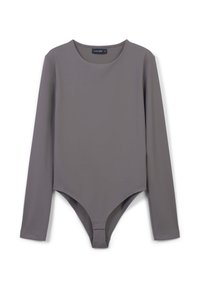 Body a maniche lunghe di colore grigio. Tessuto morbido ed elastico con scollatura rotonda e aperture delle gambe alte. Presenta dettagli di cucitura minimal.